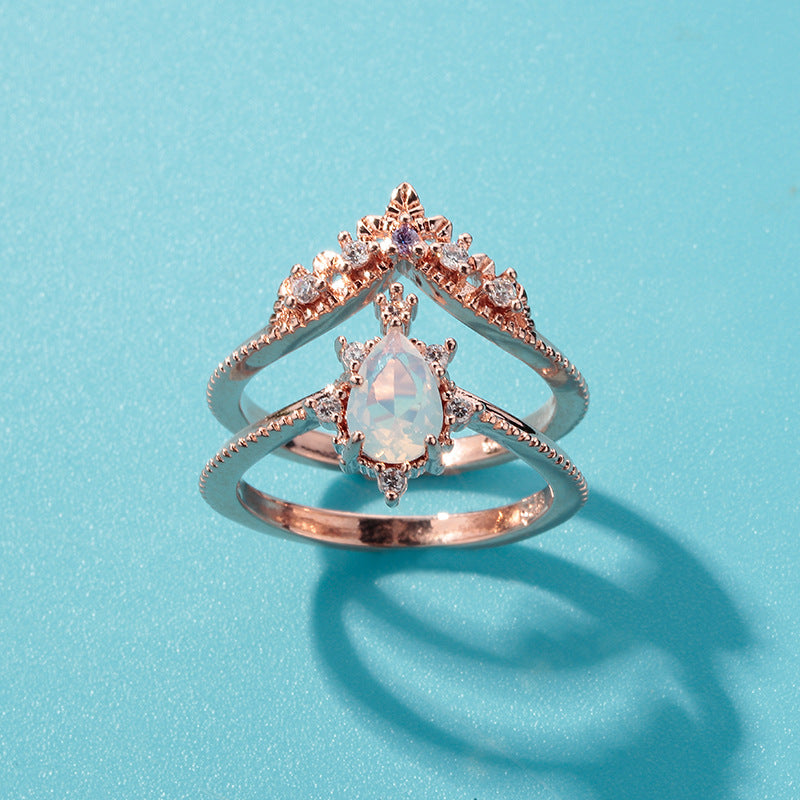 Moonstone Crown Double Combination Women's Copper Rose Gold Plated Ring